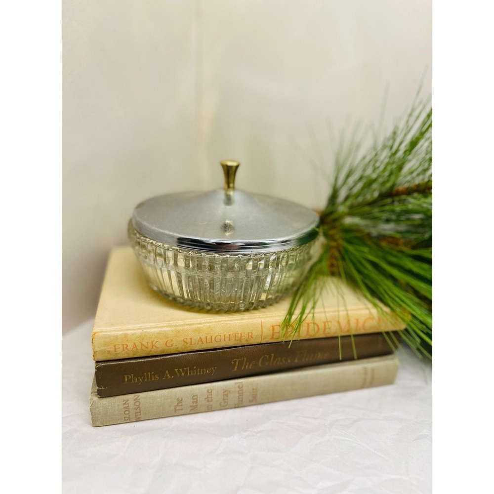 MCM Pressed Glass Candy Dish Chrome Brass Lid 6x4